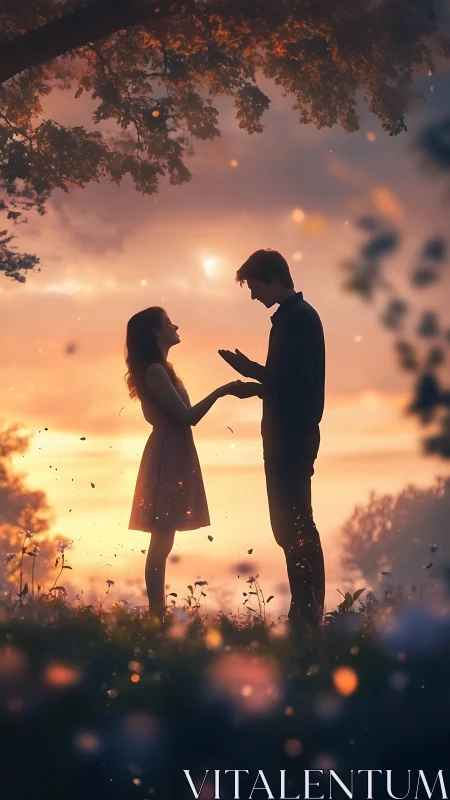 Two figures stand together silhouetted against golden sunset