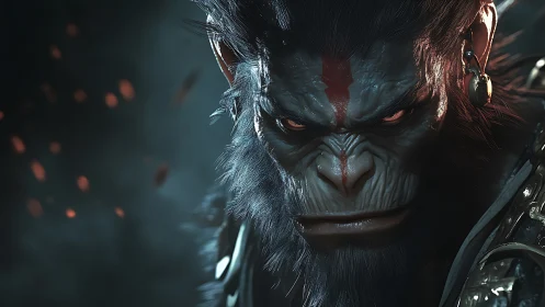 Fierce anthropomorphic warrior ape rendered in dramatic 3D