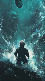 Lone wanderer stands before a roaring teal ocean of wonder.