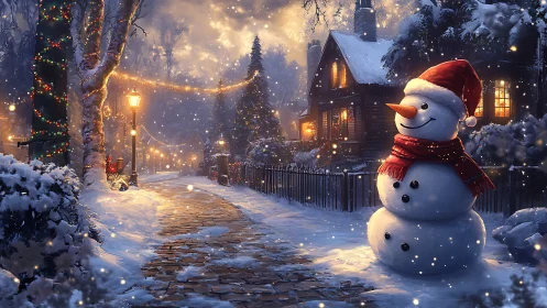 Snow-laden village lane with illuminated snowman and warm bokeh lighting