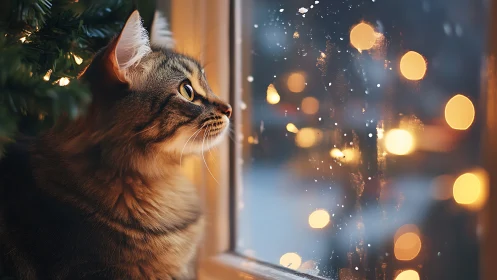 Tabby Cat Gazing Through Winter Window at Golden Bokeh Lights
