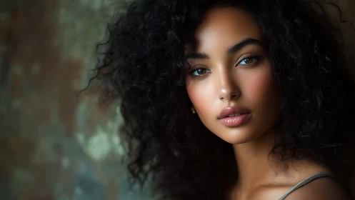 Portrait of a woman in soft light with expressive gaze.