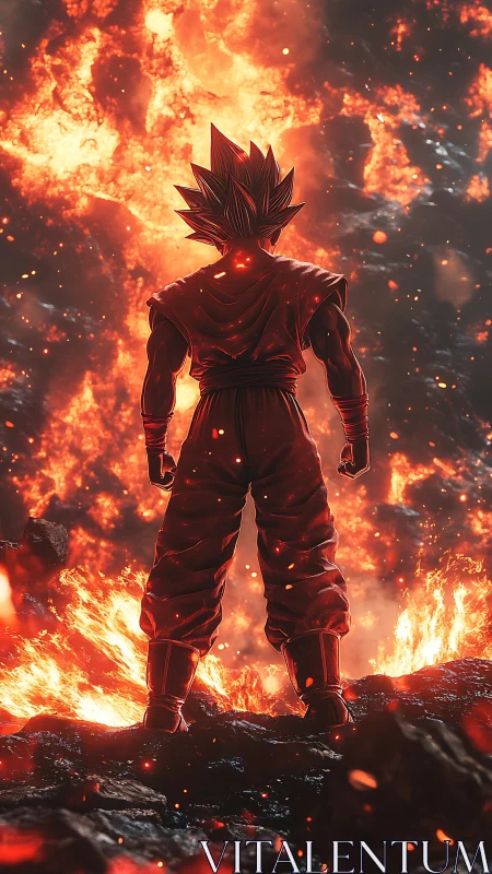 Backlit super-warrior silhouette amid eruptive lava field.