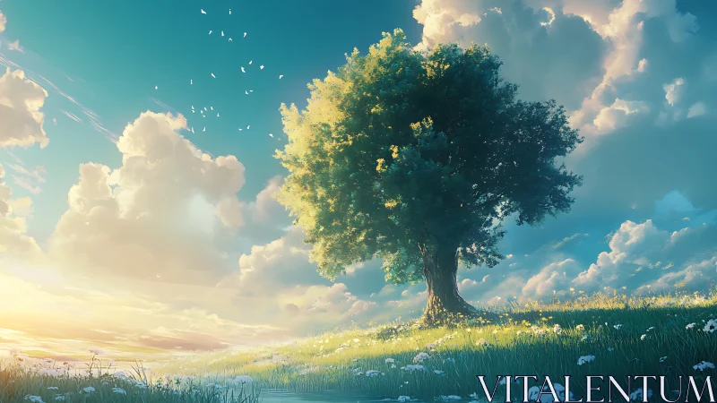 Majestic Lone Tree on Sunny Meadow, Dreamlike Digital Art Scene.
