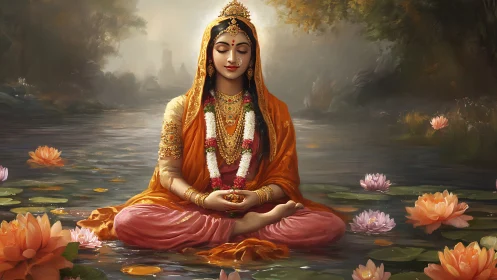 Lotus-clad goddess meditates in dawnlit river hush.