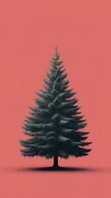 Evergreen tree stands against muted coral minimal background.