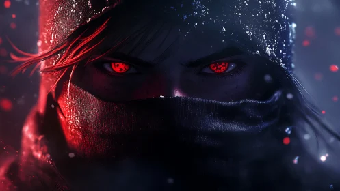 Crimson eyed assassin in icy hooded shroud stares forward.
