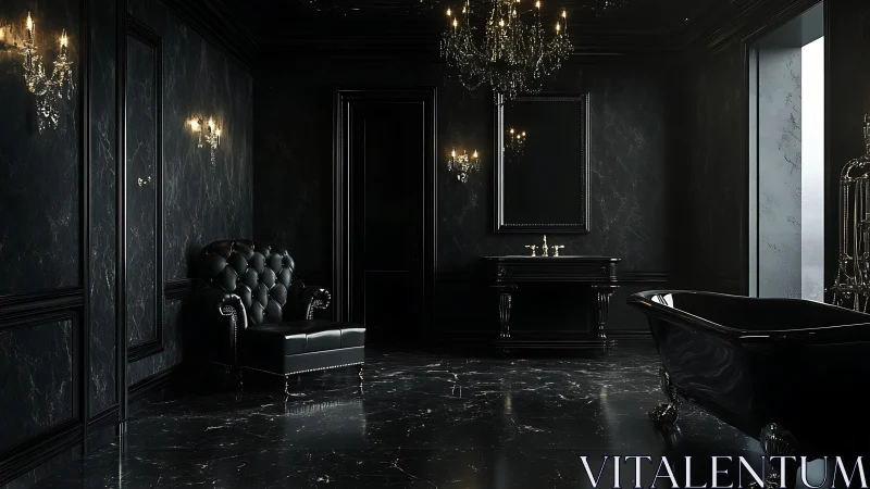 Luxurious black marble bathroom with softly glowing chandeliers.
