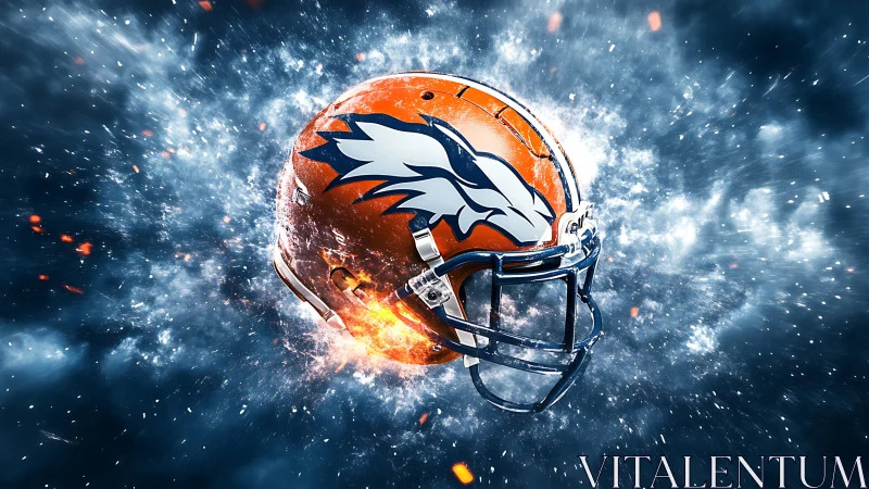 Orange football helmet floats amid blue explosive sparks