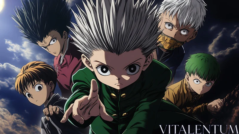 Five determined anime fighters advance under dramatic moonlit sky