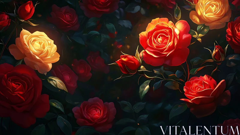 Glowing Roses in Darkness: Luminescent Red and Gold Blooms.