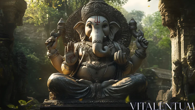 Ganesha stone statue sits in sunlit ruined jungle temple