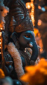Photorealistic Ganesha idol with garlands and warm bokeh.