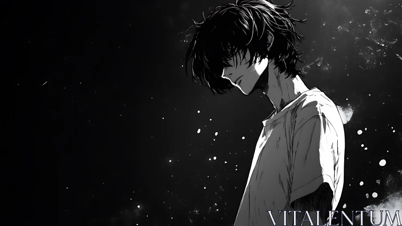 Side-lit anime figure isolated in high-contrast monochrome void