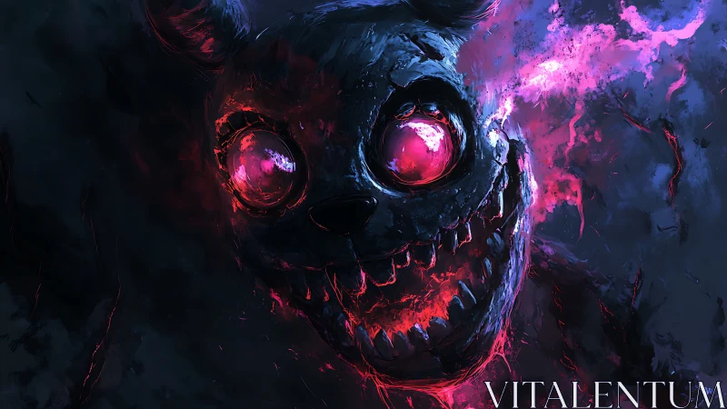 Glowing eyed creature with jagged teeth in dark environment.