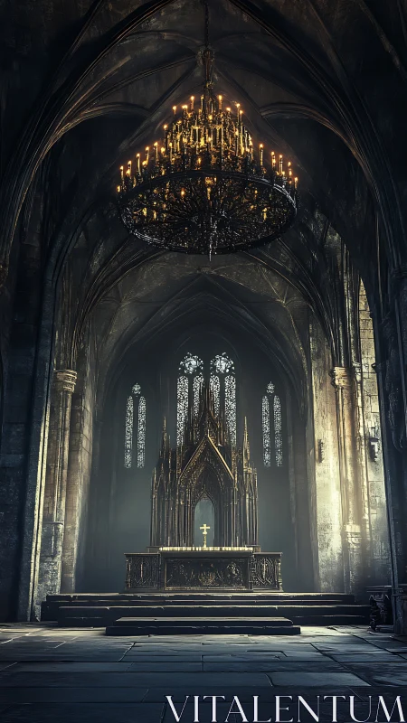 Gothic cathedral altar glows beneath a majestic chandelier