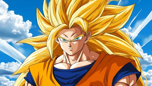 Golden-haired anime warrior channels intense sky energy.