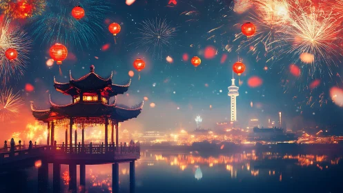 Chinese lakeside pavilion under lanterns and festival fireworks
