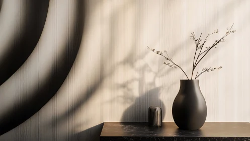 Muted interior still life with dark vase and dried stems.