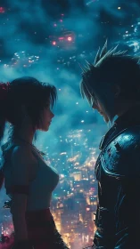 Star-crossed warriors meet above a neon-drenched cityscape.