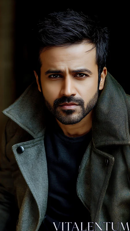 Brooding man in dark coat stares directly into camera