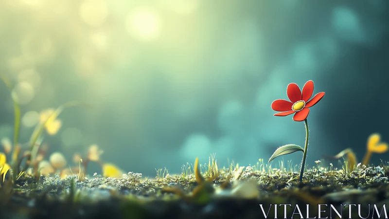 Red Wildflower Blooming Among Moss in Soft Daylight