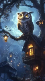 Moonlit owl guardian above glowing forest treehouses.