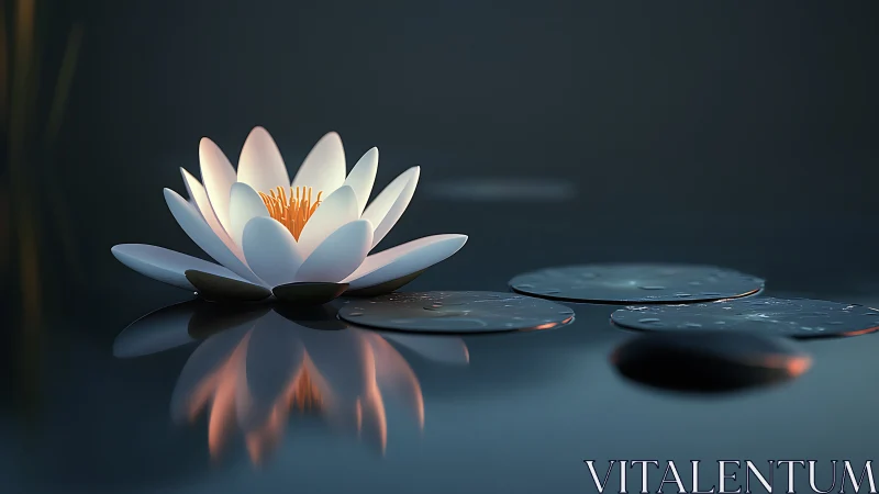Luminous white water lily with soft reflections on still pond