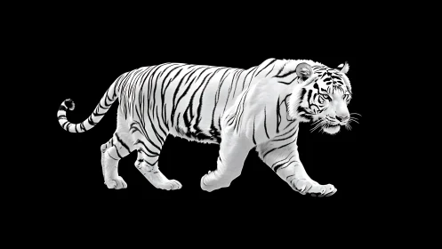 White tiger stride on black ground in high contrast profile.