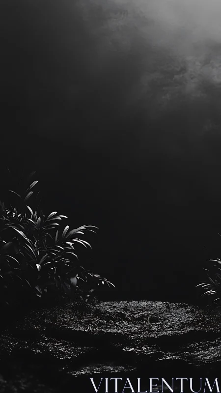 Midnight foliage framing a damp stone forest floor.
