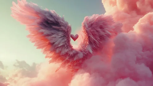Blush cloud wings cradle a shy floating heart in sunrise hush.