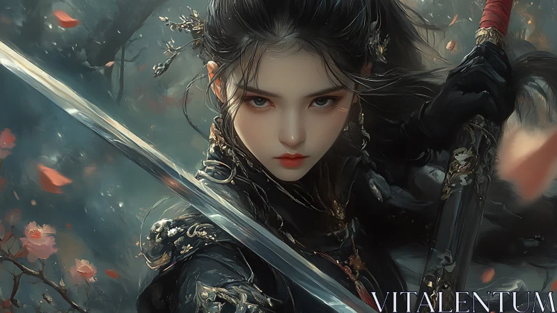 Fierce warrior girl steadies her blade amid drifting petals