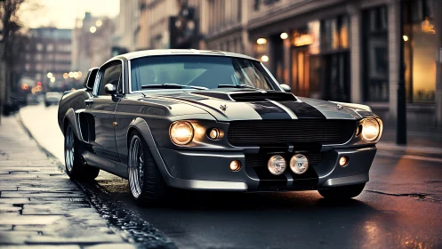 Classic fastback coupe on wet urban street at dusk.