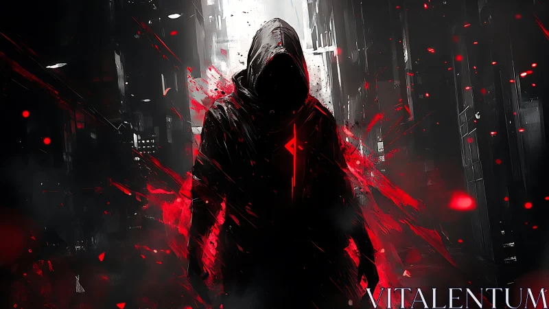 Shadowed hooded figure walks through a neon red-lit alley