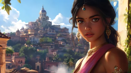 Regal woman in sari before sunlit hillside palace city.