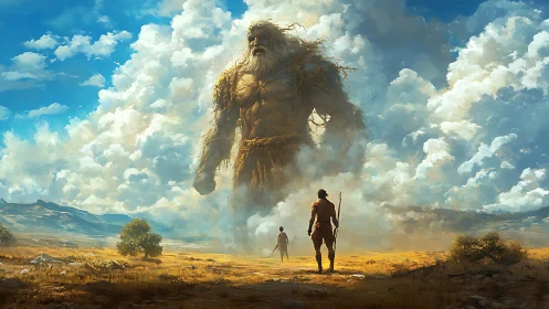 Wanderers Meet the Cloud Giant on a Sunlit Golden Plain.