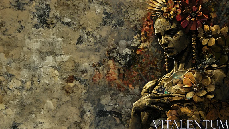 Floral crowned stone figure against textured weathered wall