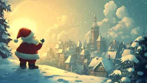 Santa overlooking luminous winter village skyline at dusk.