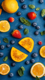 Citrus slices and berries form vibrant flatlay on blue background
