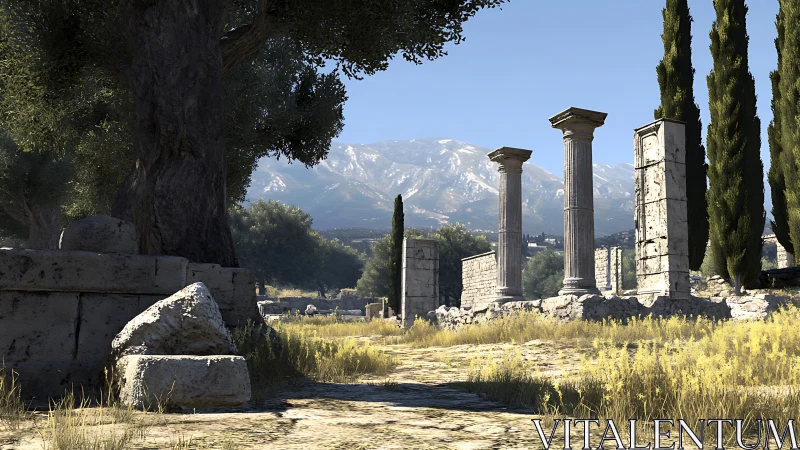 Sunlit ancient ruins resting beneath quiet mountain skies.