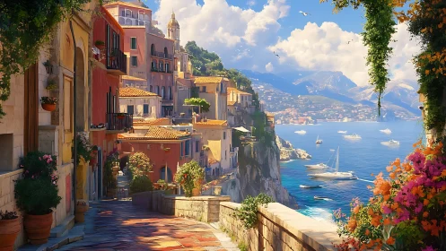 Coastal hillside street overlooks harbor and distant mountains