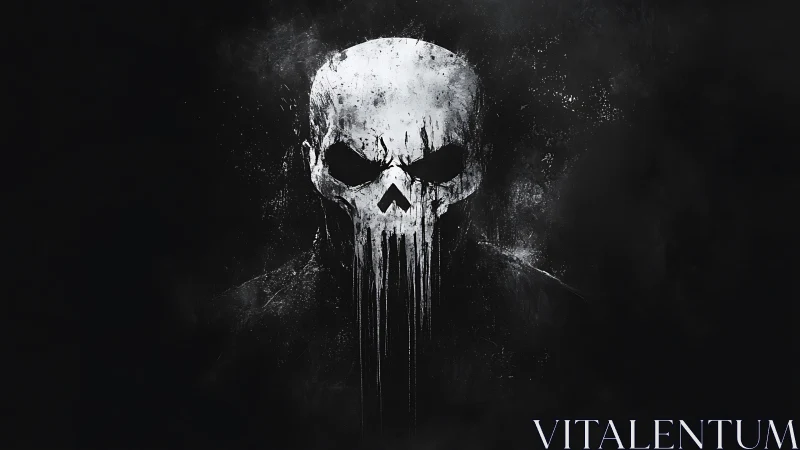 Grunge skull emblem drips through deep black void