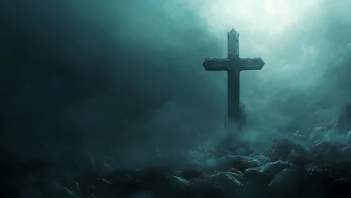 Solitary stone cross rises gently from a misty twilight field
