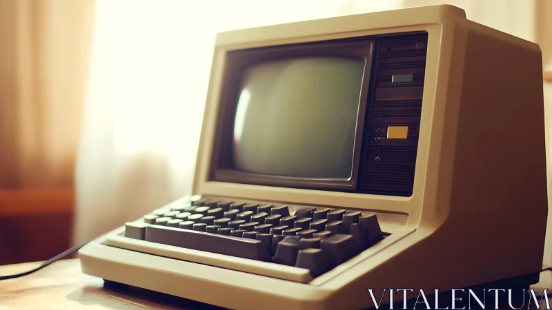 Cozy vintage computer glowing softly on a wooden desk.