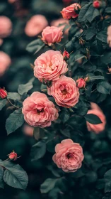 Clustered pink garden roses with green foliage and buds