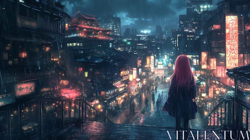 Neon rain cityscape with lone figure above crowded street.