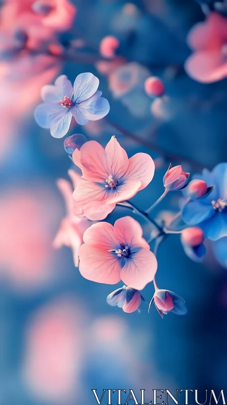 Delicate Pink Flowers Against Blue Gradient Background.
