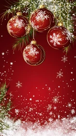 Red Christmas ornaments with snowflake pattern on pine boughs.