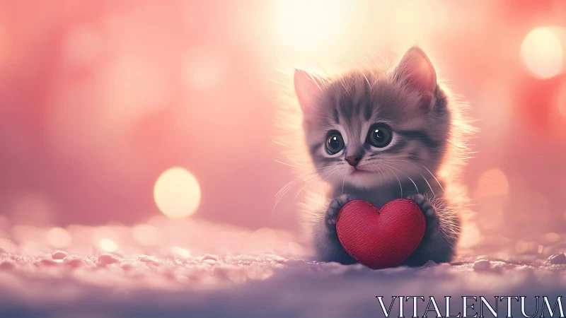 Kitten with Red Heart Object in Soft Pink Setting