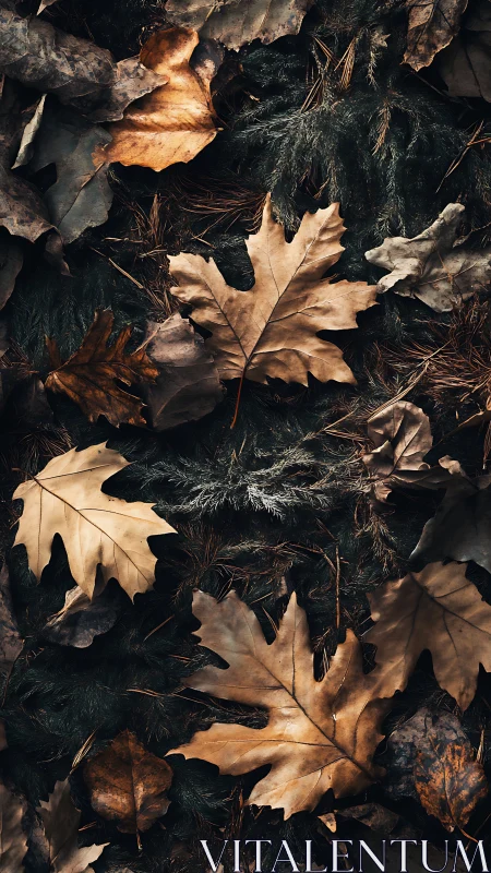 High-contrast autumn oak leaf litter over coniferous forest floor